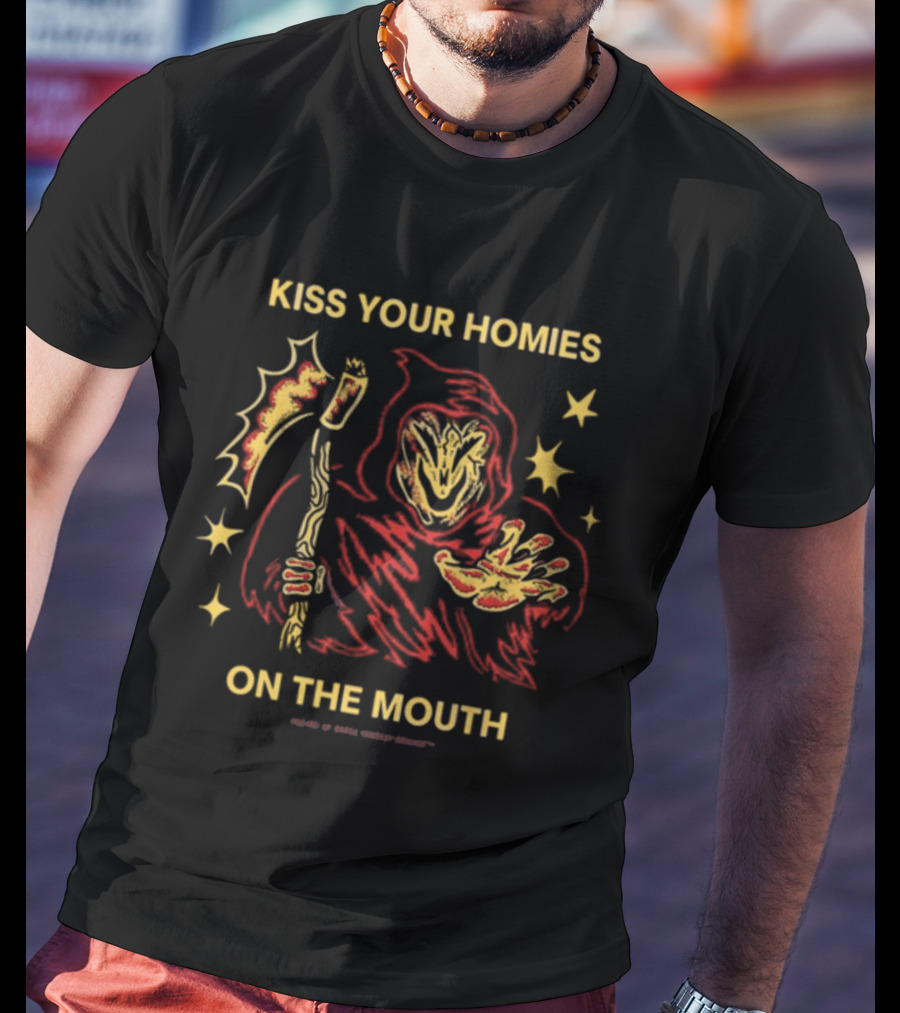Wizard Of Barge Kiss Your Homies On The Mouth Grim Reaper With Scythe Red Cloak Stars T-Shirt