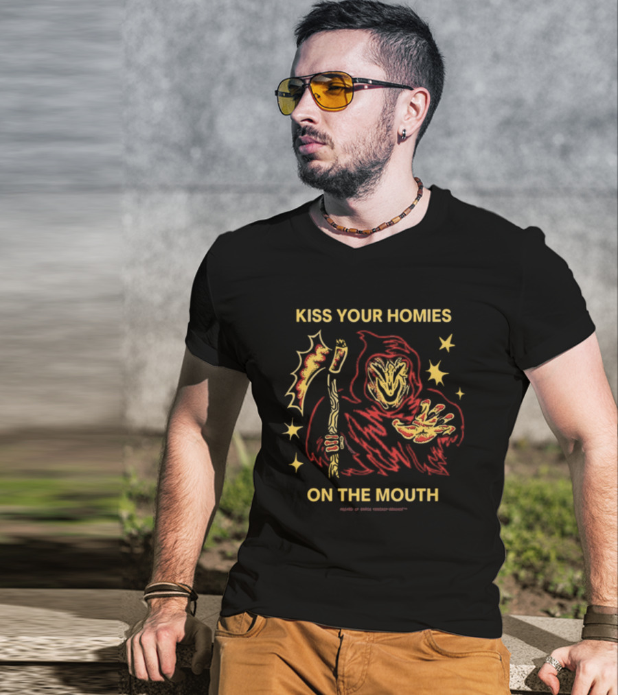 Wizard Of Barge Kiss Your Homies On The Mouth Grim Reaper With Scythe Red Cloak Stars T-Shirt