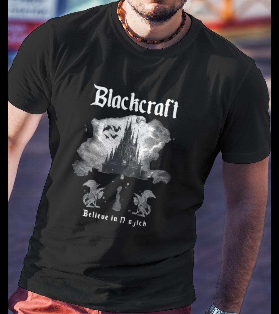 Blackcraft Believe In Magick Gothic Castle With Bats And Gargoyles T-Shirt