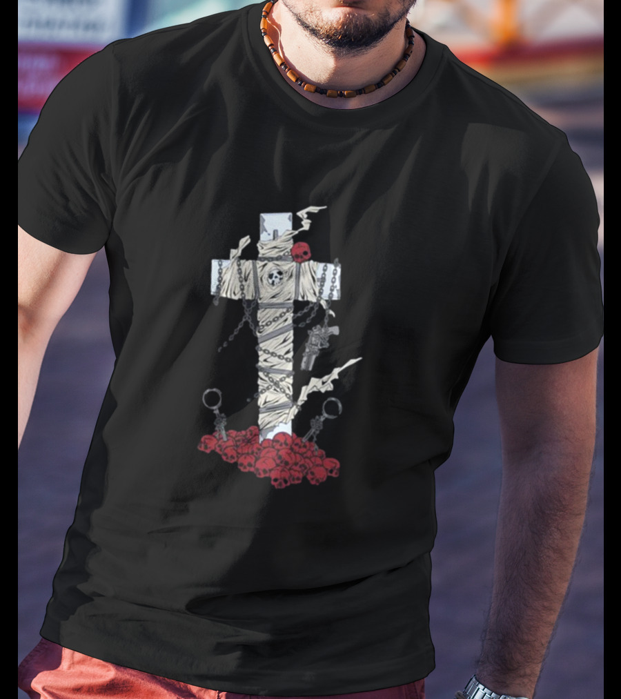 Trigun Nicholas D. Wolfwood Cross With Chains And Skulls T-Shirt