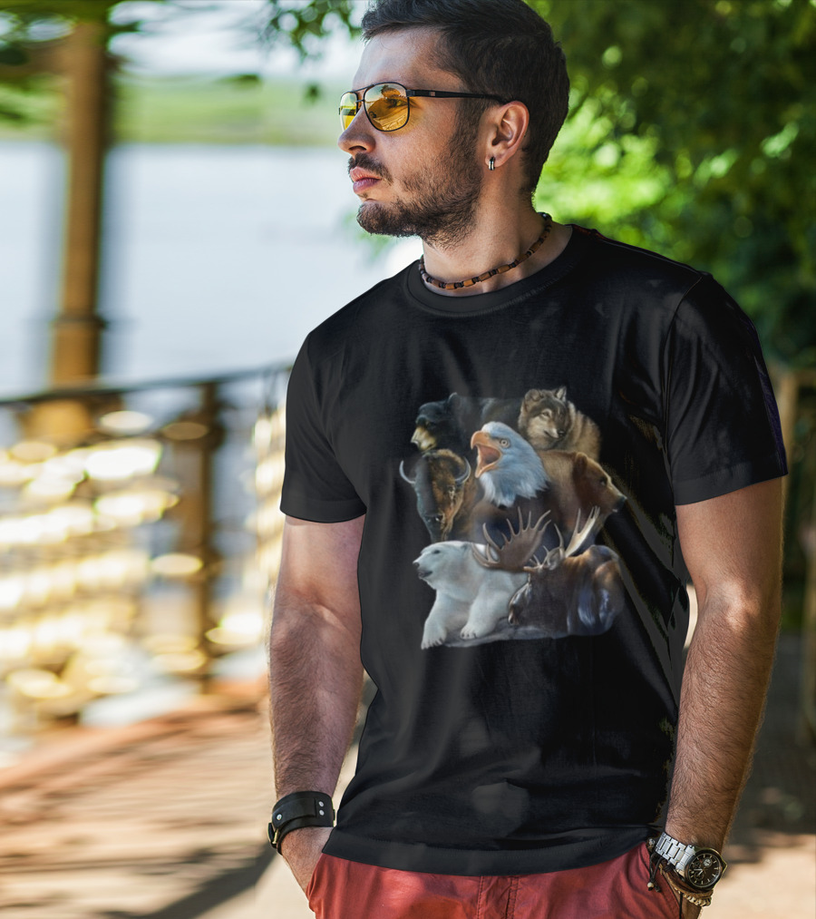 Wild Animal Collage Bear Wolf Eagle Moose Bison Polar Bear Crewneck T-Shirt
