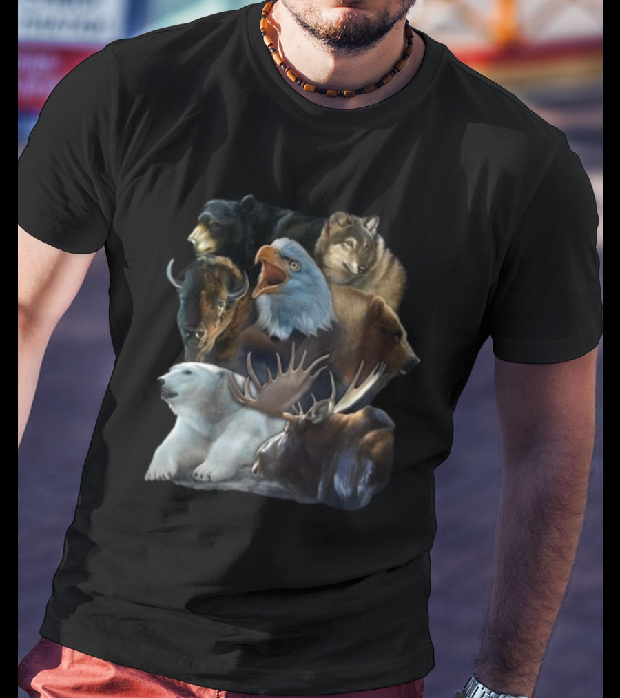 Wild Animal Collage Bear Wolf Eagle Moose Bison Polar Bear Crewneck T-Shirt
