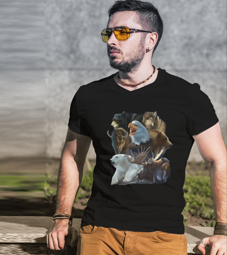 Wild Animal Collage Bear Wolf Eagle Moose Bison Polar Bear Crewneck T-Shirt