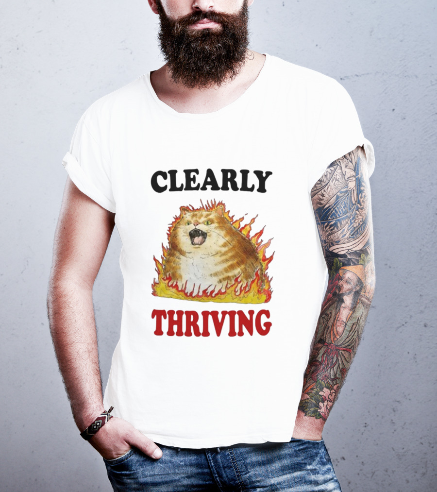 CLEARLY THRIVING Fluffy Cat In Flames T-Shirt