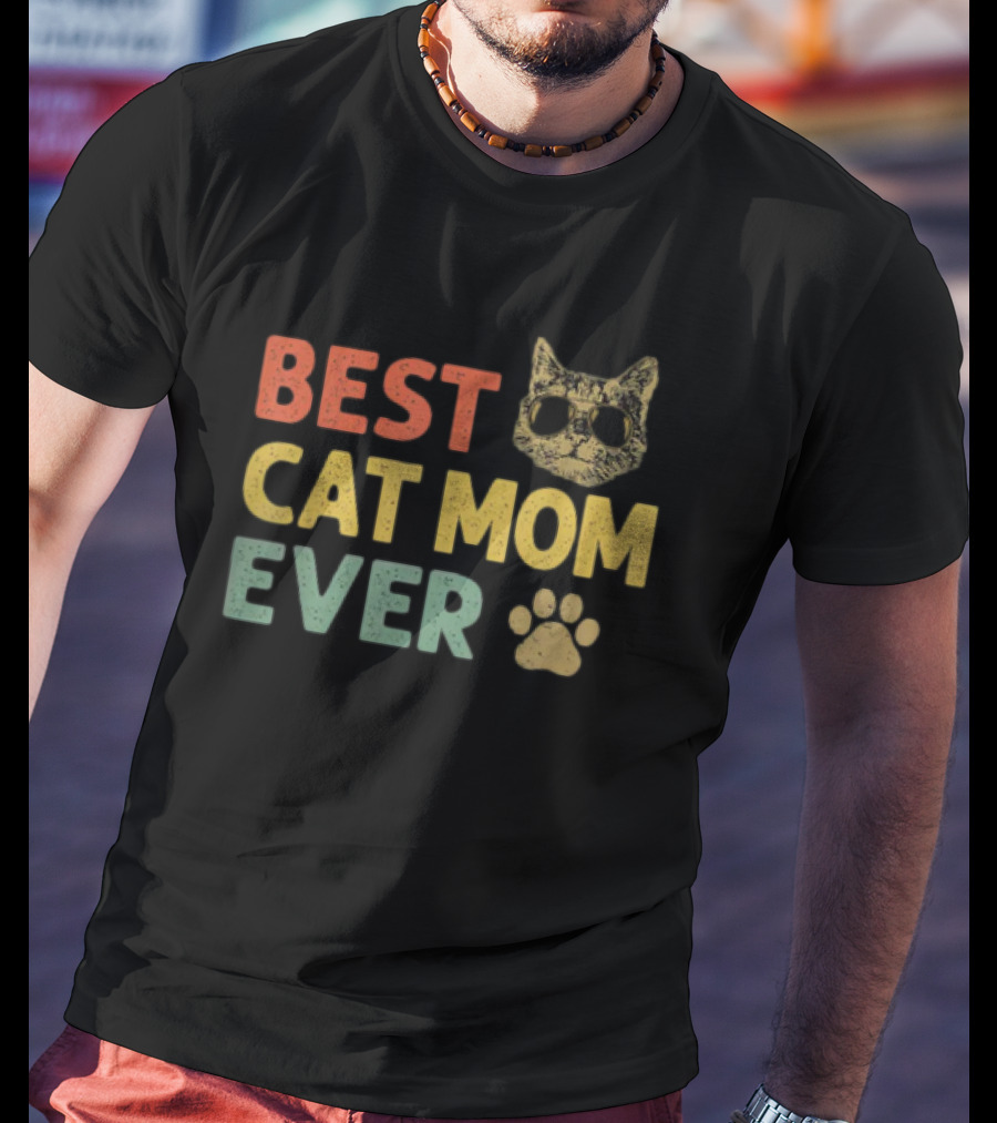 Best Cat Mom Ever Vintage Cat With Sunglasses And Paw Prints T-Shirt