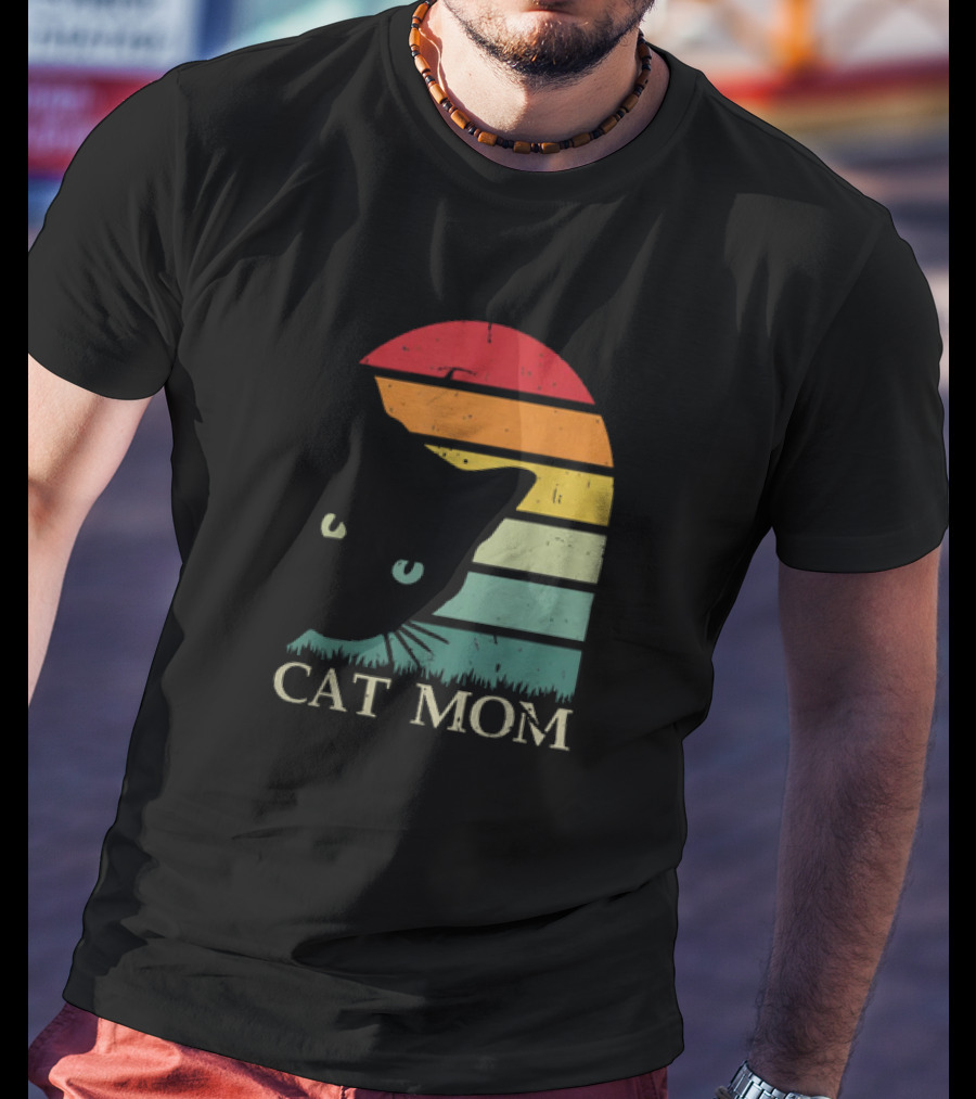 Vintage Cat Mom For Women Funny Cat Mom Mother Retro Sunset Cat T-Shirt