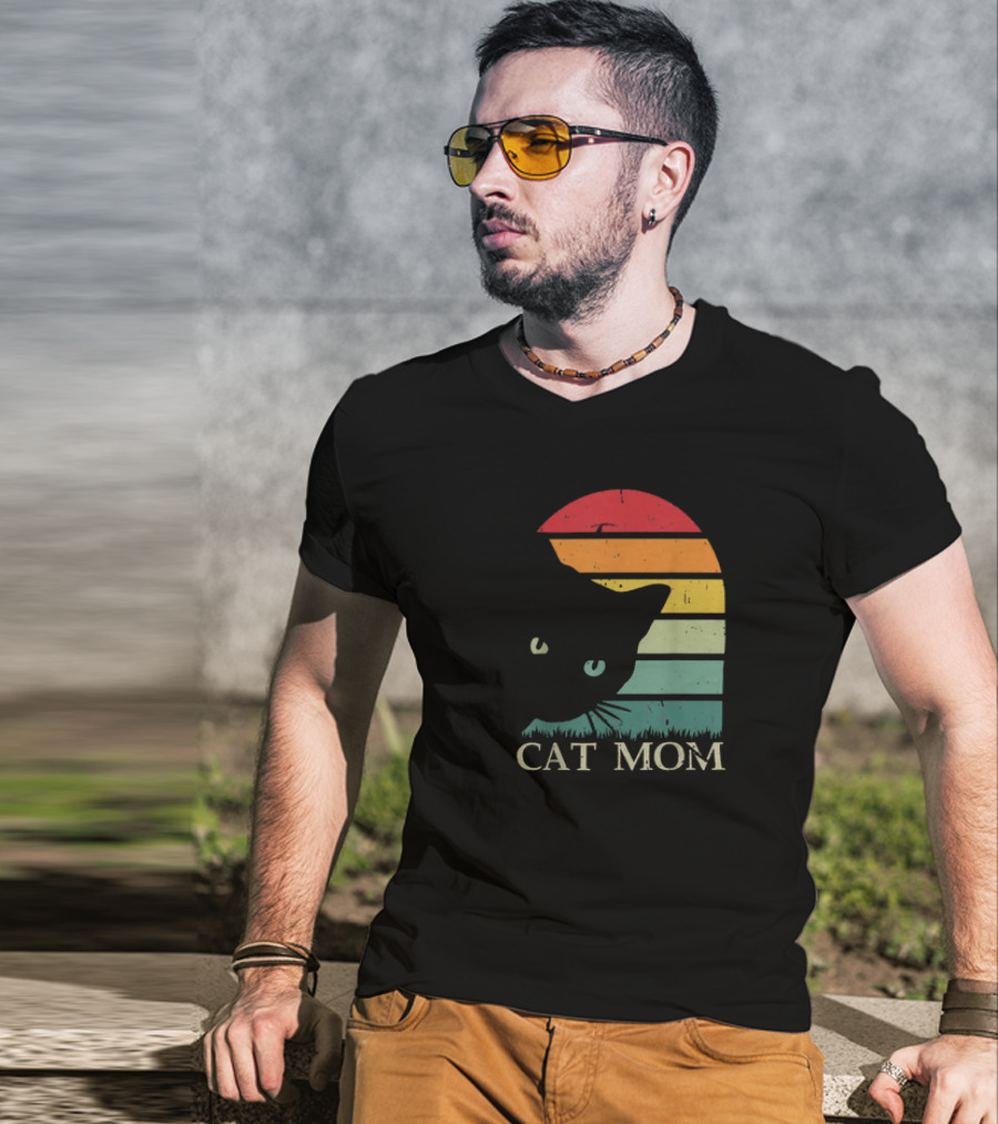 Vintage Cat Mom For Women Funny Cat Mom Mother Retro Sunset Cat T-Shirt