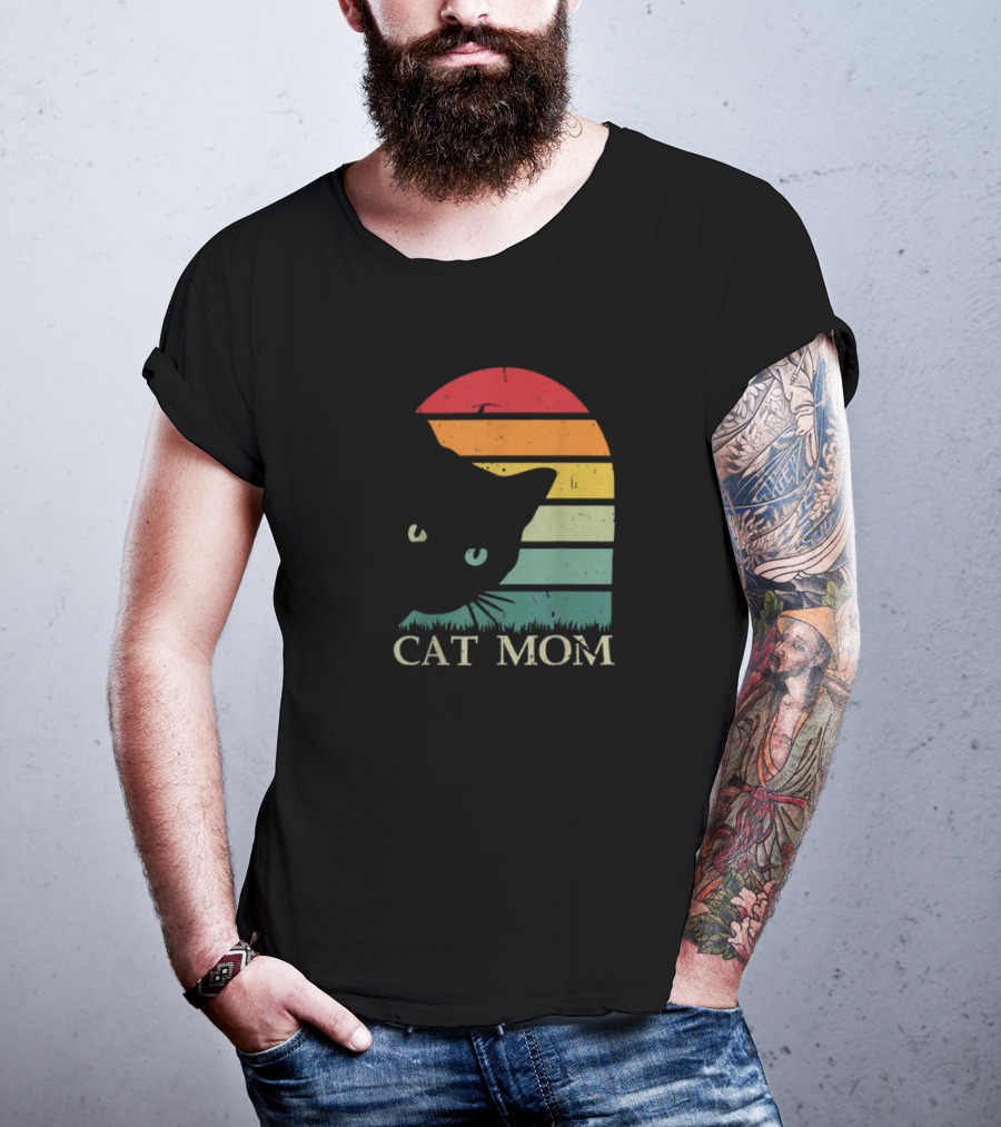 Vintage Cat Mom For Women Funny Cat Mom Mother Retro Sunset Cat T-Shirt