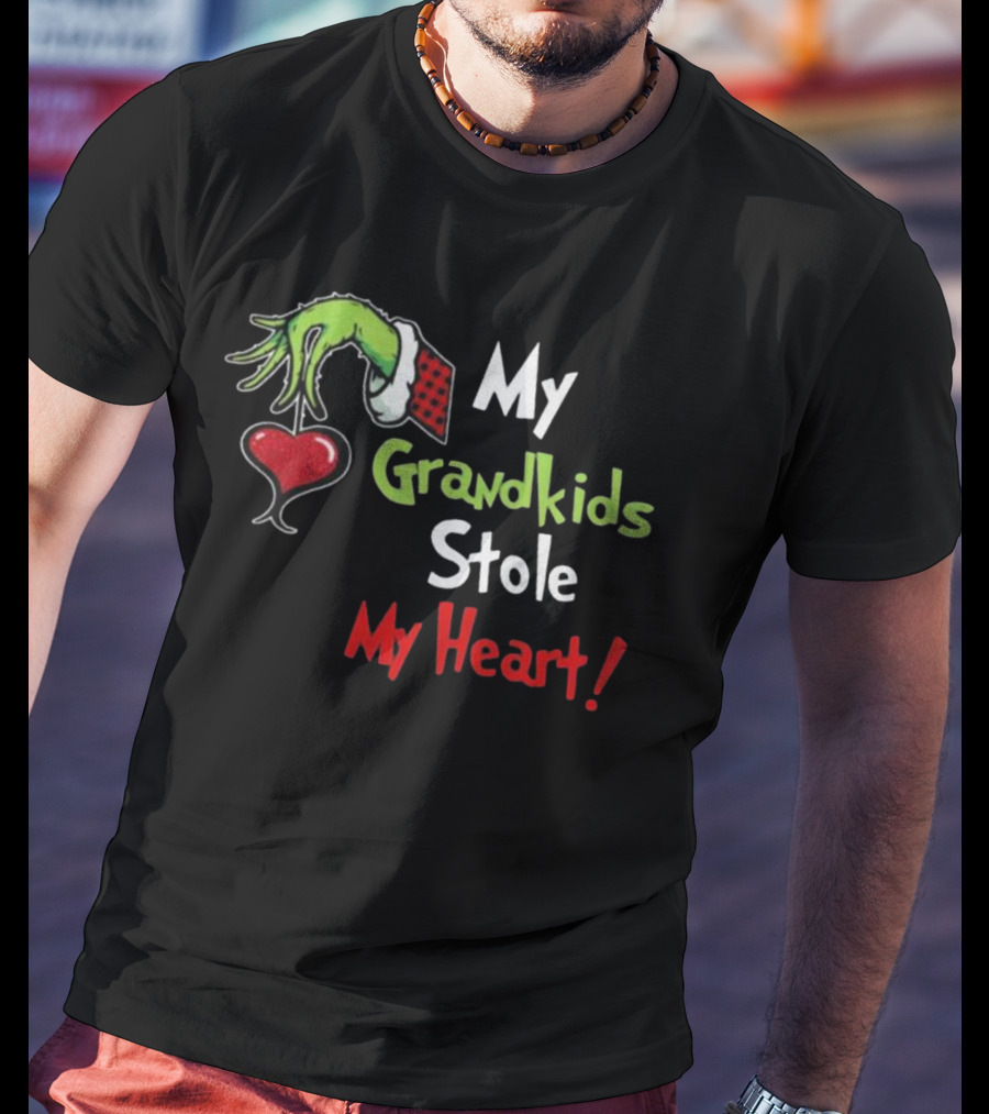 Grinch Green Monster Christmas My Grandkids Stole My Heart Kids Textured Sleeves T-Shirt