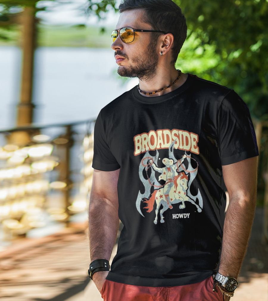 BROADSIDE HOWDY Cowboy On Horseback With Flames T-Shirt