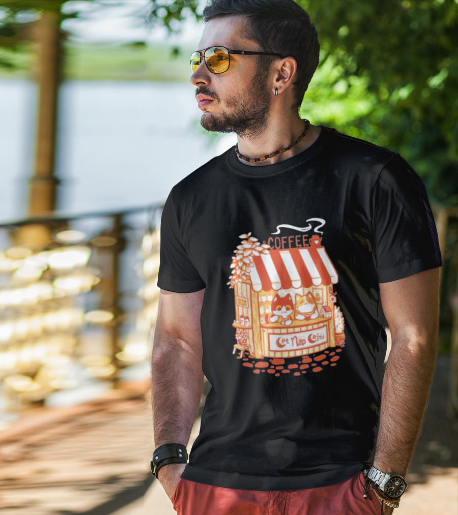 Lazy Cat Coffee Cat Nap Cafe Cozy Kiosk T-Shirt