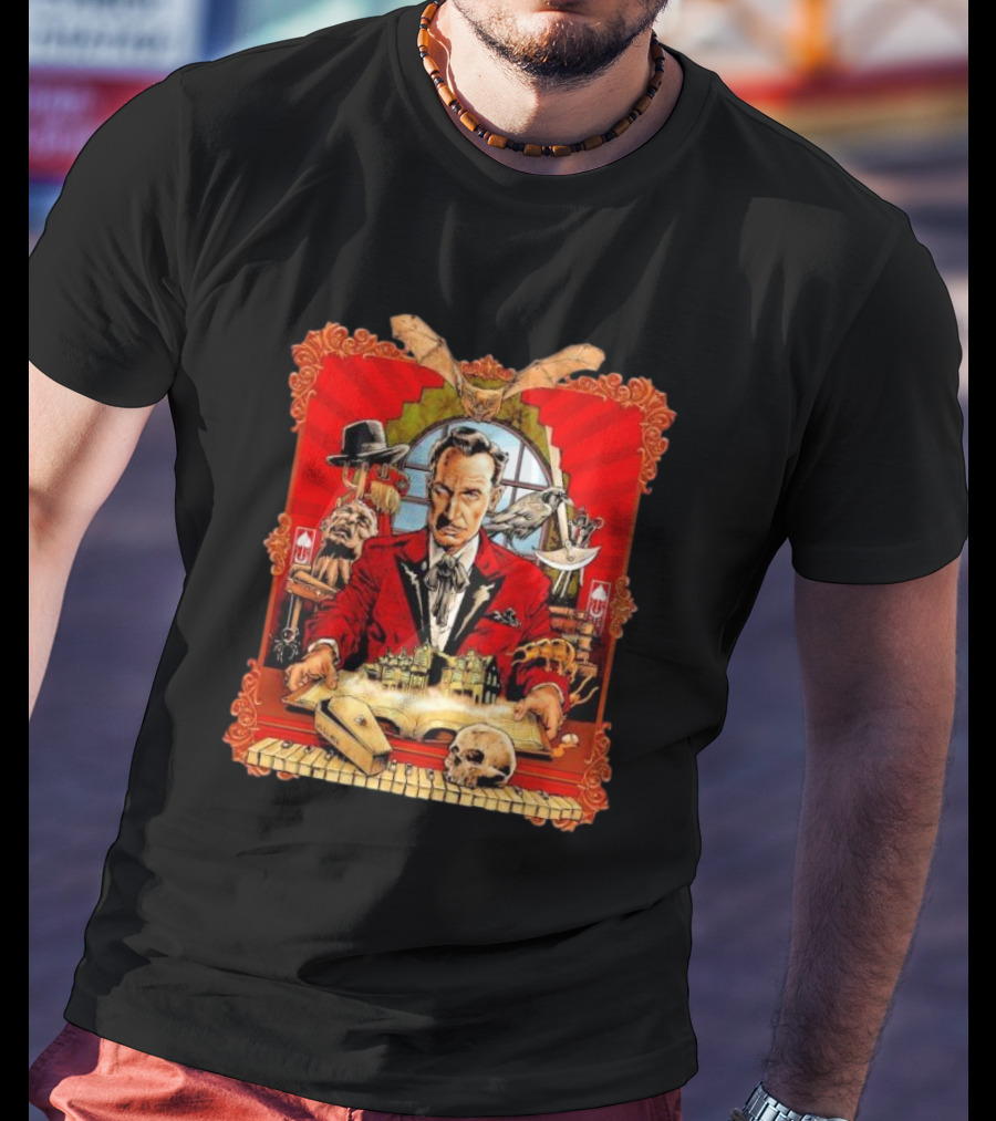 Vincent Price Red Suit Macabre Collection With Bats, Skulls, And Haunted Mansion T-Shirt