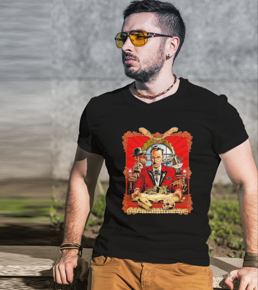 Vincent Price Red Suit Macabre Collection With Bats, Skulls, And Haunted Mansion T-Shirt