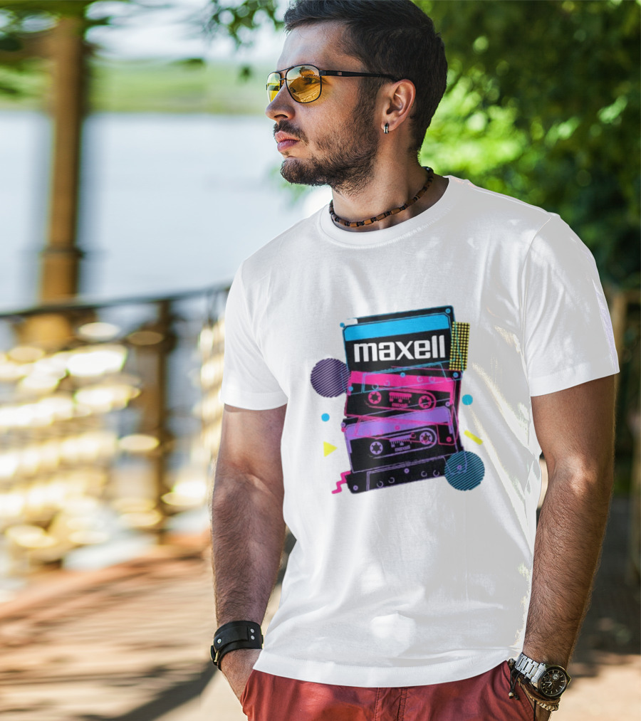 Maxell Retro Cassette Stack Vibrant Neon Aesthetic T-Shirt