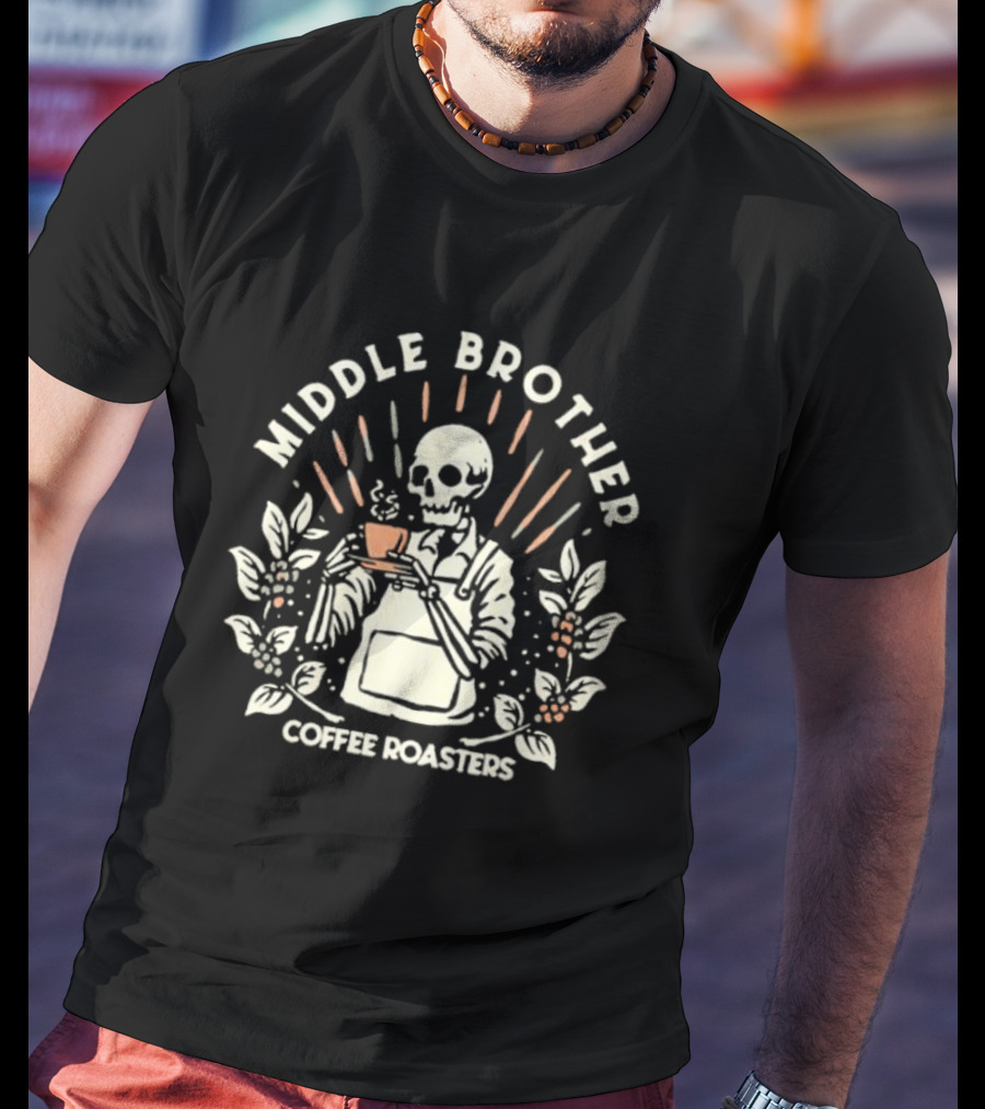 Middle Brother Coffee Roasters Skeleton Barista Holding Coffee Cup T-Shirt