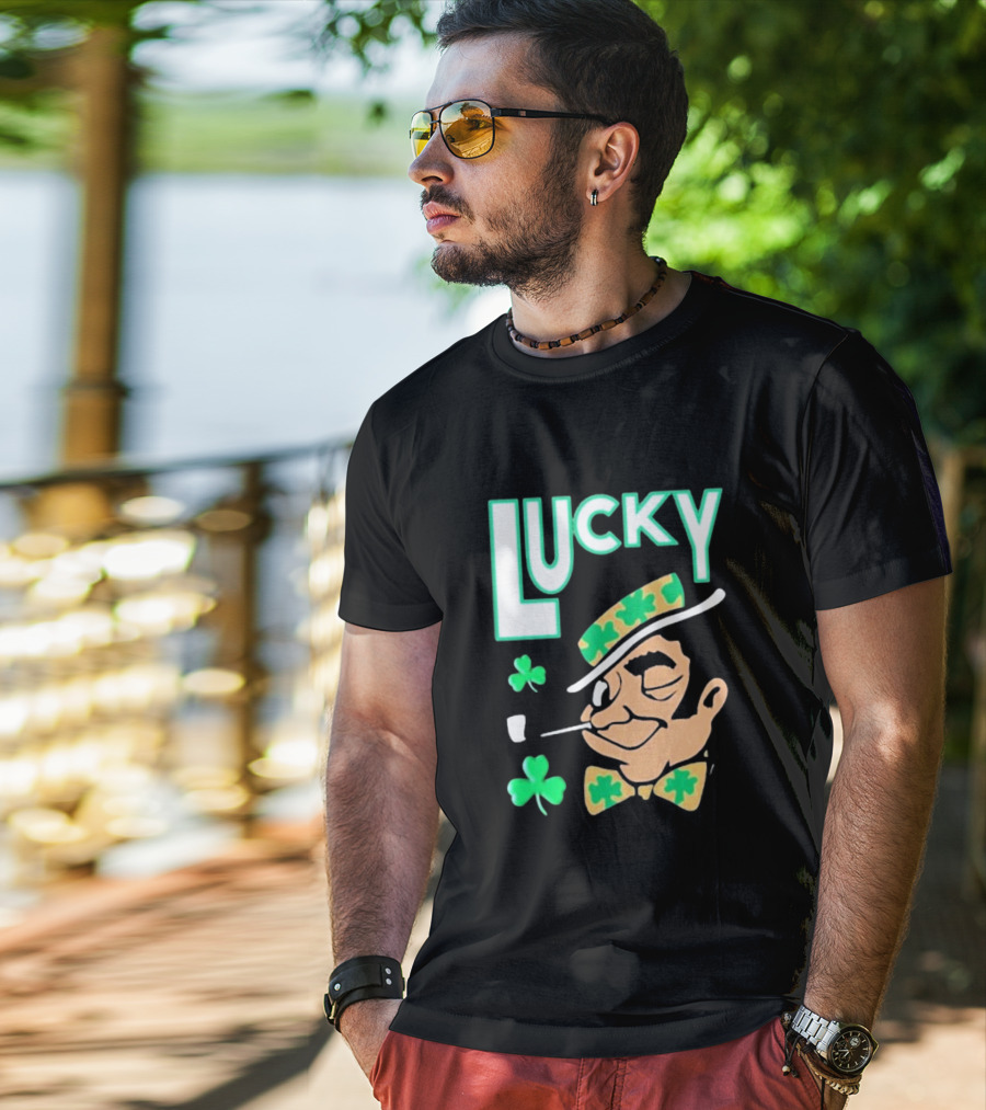 Boston Celtics Lucky The Leprechaun Shamrock Winking Pipe T-Shirt