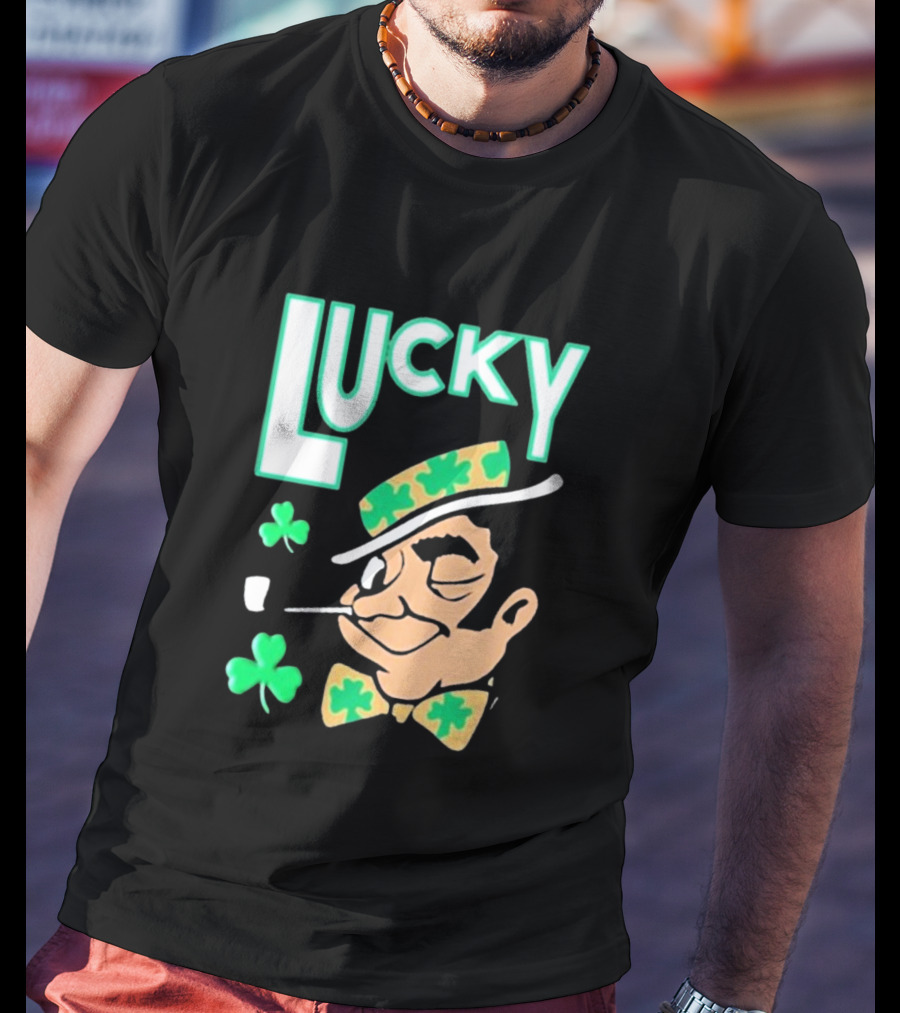 Boston Celtics Lucky The Leprechaun Shamrock Winking Pipe T-Shirt