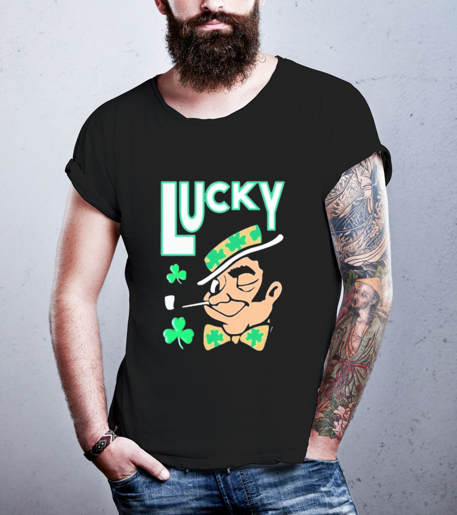 Boston Celtics Lucky The Leprechaun Shamrock Winking Pipe T-Shirt