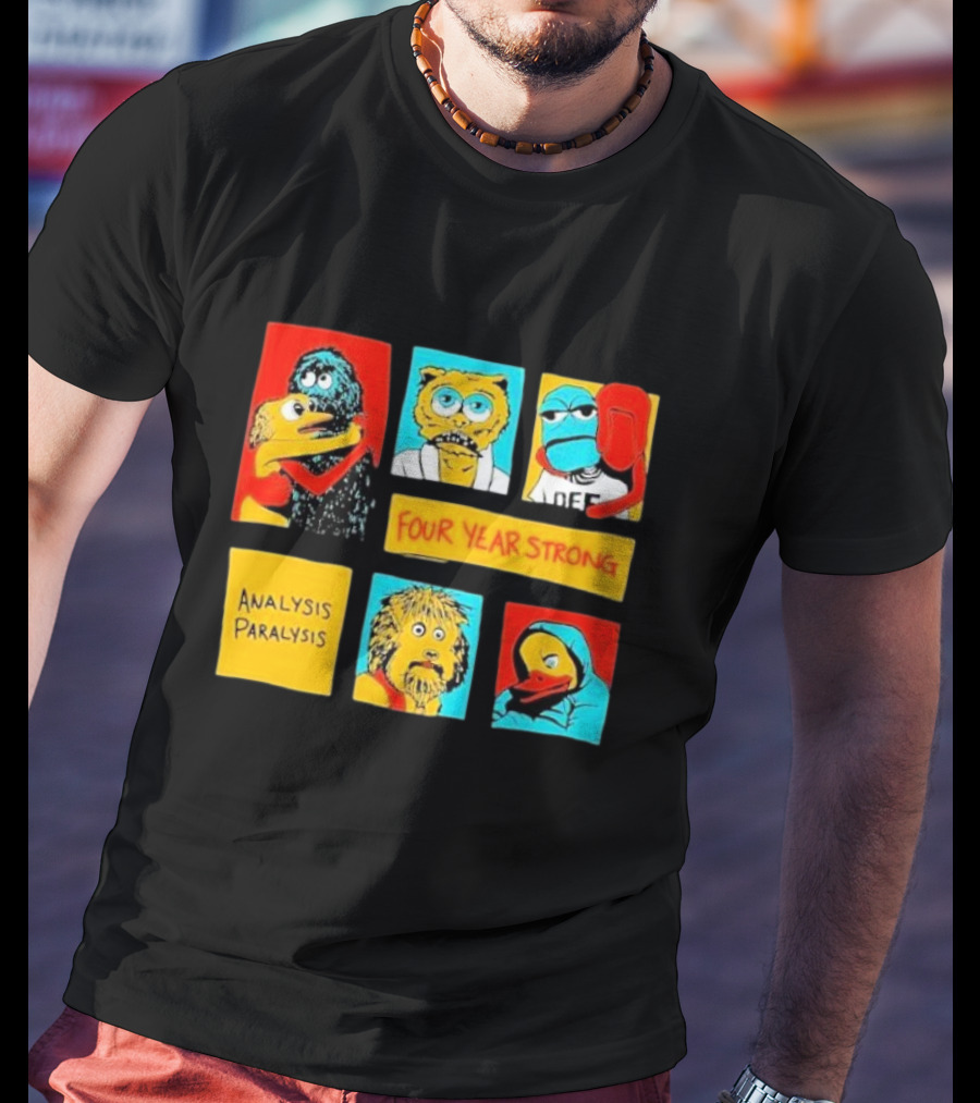 Four Year Strong Analysis Paralysis Characters In Colorful Panels T-Shirt