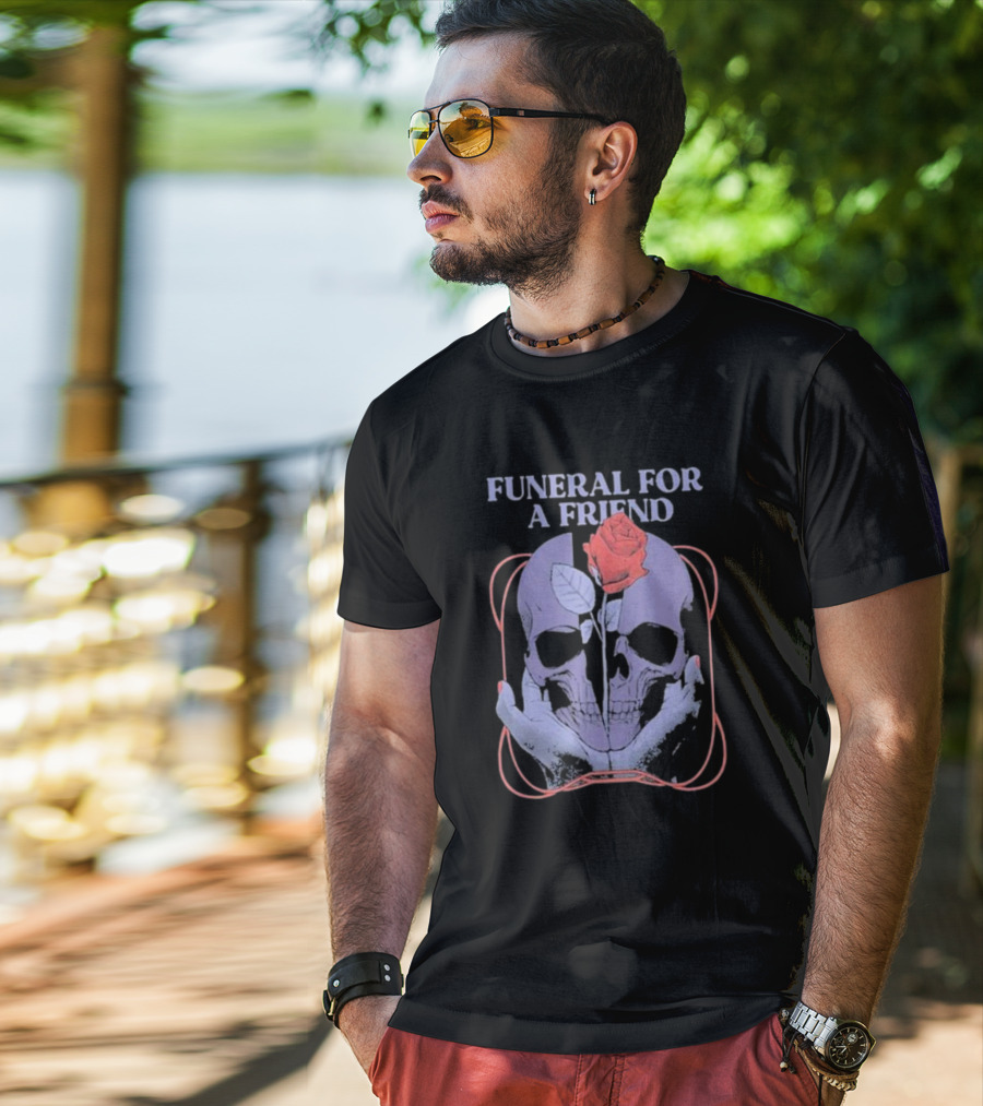 FUNERAL FOR A FRIEND SKULL ROSE DOUBLE HAND HOLDING SYMBOLISM T-Shirt