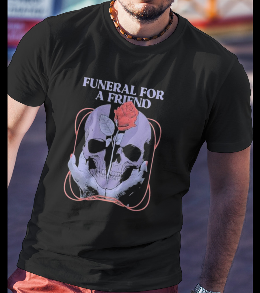 FUNERAL FOR A FRIEND SKULL ROSE DOUBLE HAND HOLDING SYMBOLISM T-Shirt