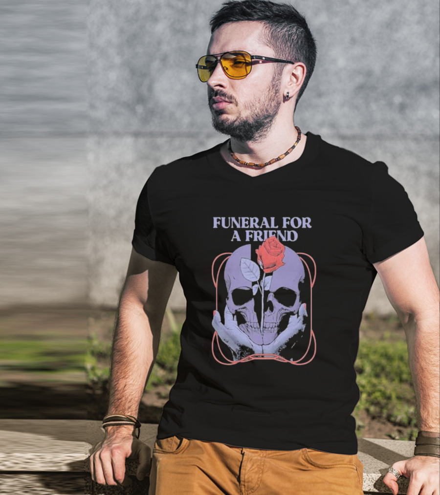 FUNERAL FOR A FRIEND SKULL ROSE DOUBLE HAND HOLDING SYMBOLISM T-Shirt