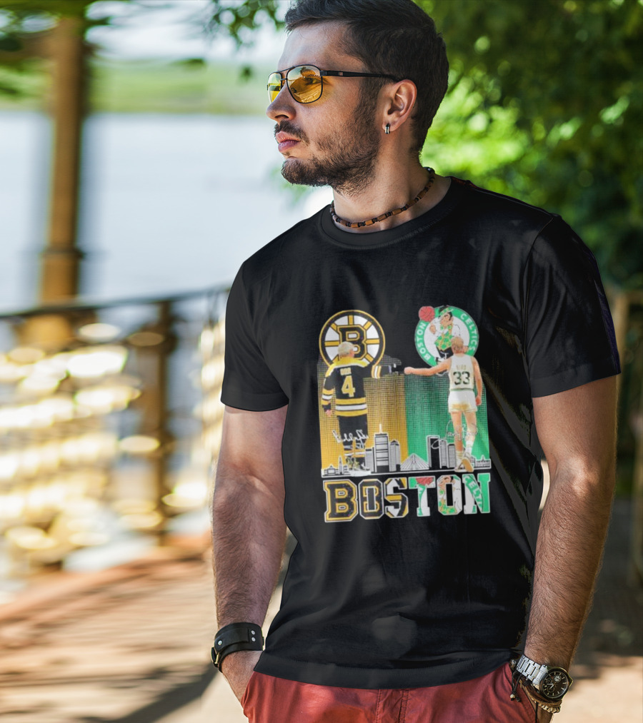 Bobby Orr Boston Bruins Larry Bird Boston Celtics Skyline Signatures Logos And Boston Text T-Shirt