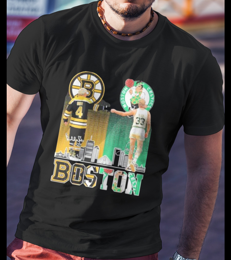 Bobby Orr Boston Bruins Larry Bird Boston Celtics Skyline Signatures Logos And Boston Text T-Shirt