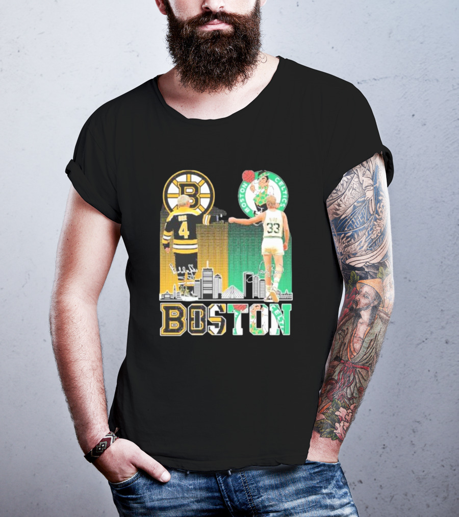 Bobby Orr Boston Bruins Larry Bird Boston Celtics Skyline Signatures Logos And Boston Text T-Shirt