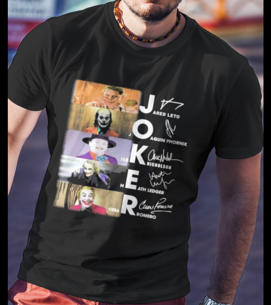 Joker Jared Leto Joaquin Phoenix Jack Nicholson Heath Ledger Cesar Romero Signatures DC Comics Movies All Stars Eras T-Shirt