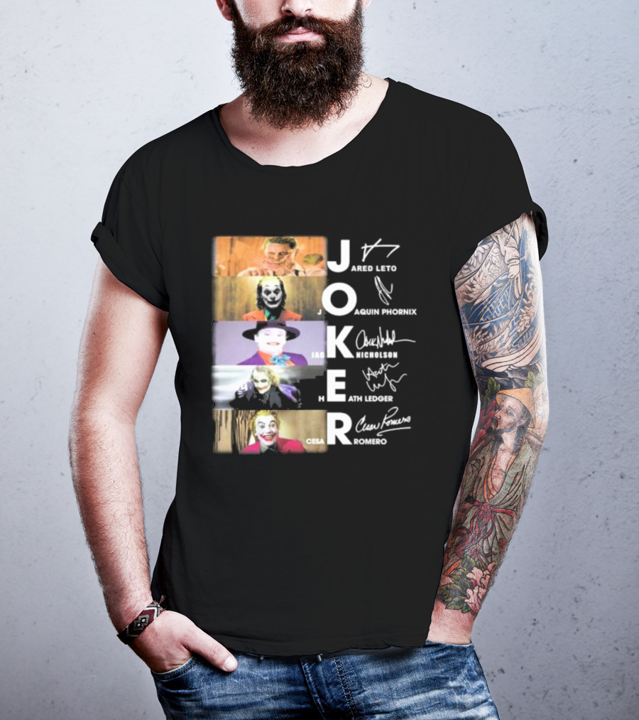 Joker Jared Leto Joaquin Phoenix Jack Nicholson Heath Ledger Cesar Romero Signatures DC Comics Movies All Stars Eras T-Shirt