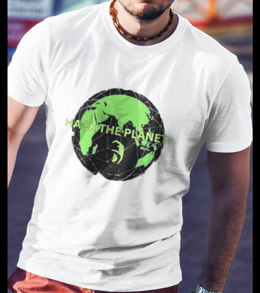 Hack The Planet Green And Black Globe Motif T-Shirt