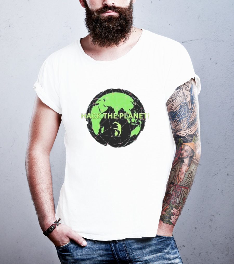 Hack The Planet Green And Black Globe Motif T-Shirt
