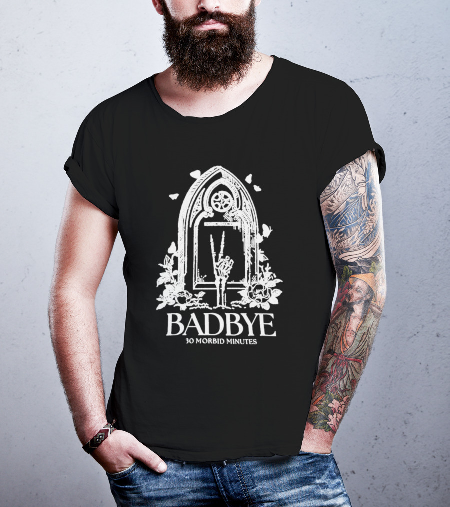 Badbye 30 Morbid Minutes Gothic Tombstone Hand Symbol With Roses And Butterflies T-Shirt