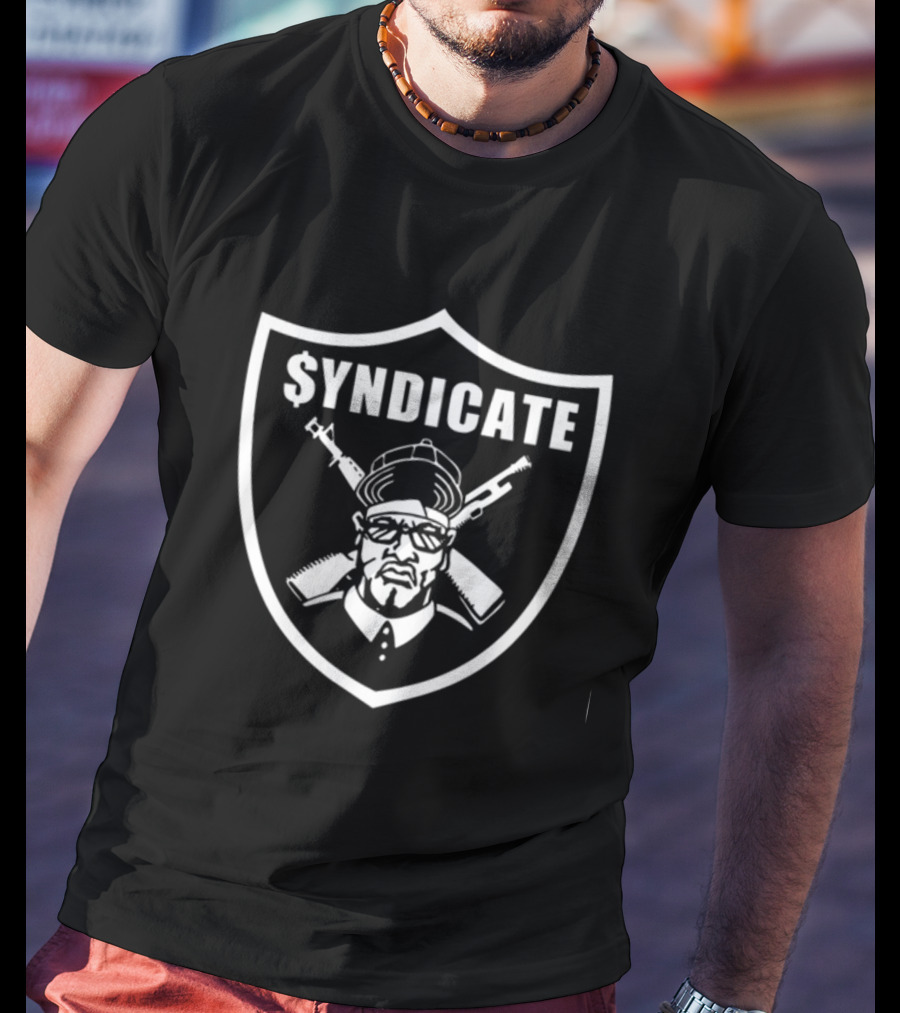 Rhyme Syndicate Shield Logo With Hip-Hop Icon And Crossed Guns T-Shirt