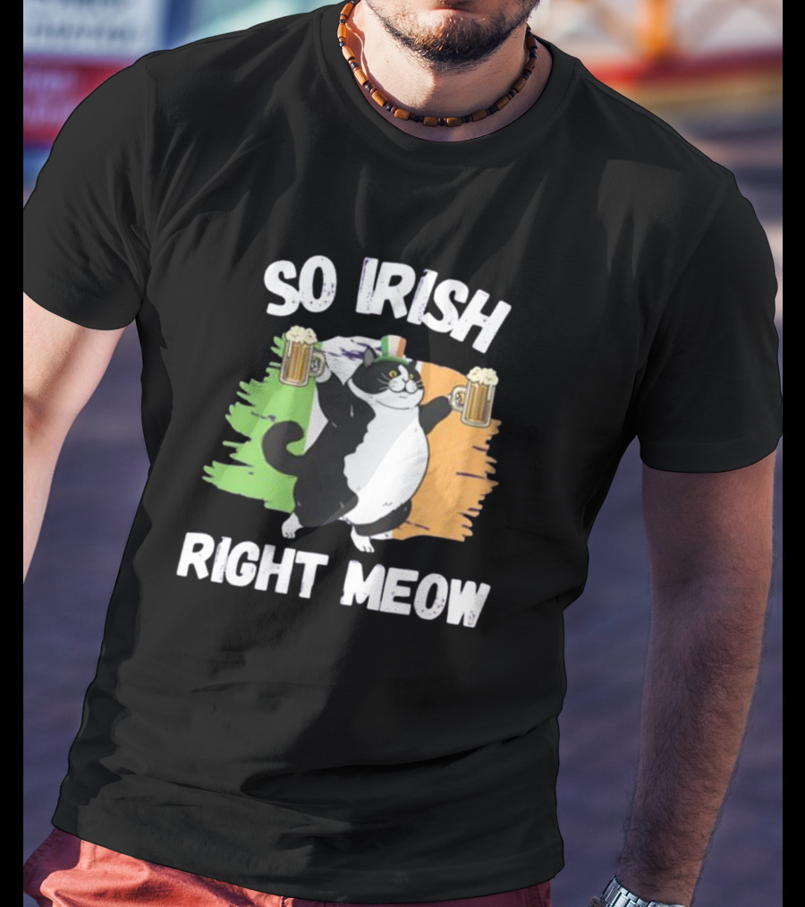 So Irish Right Meow Cat Holding Beer With Irish Flag In Background T-Shirt