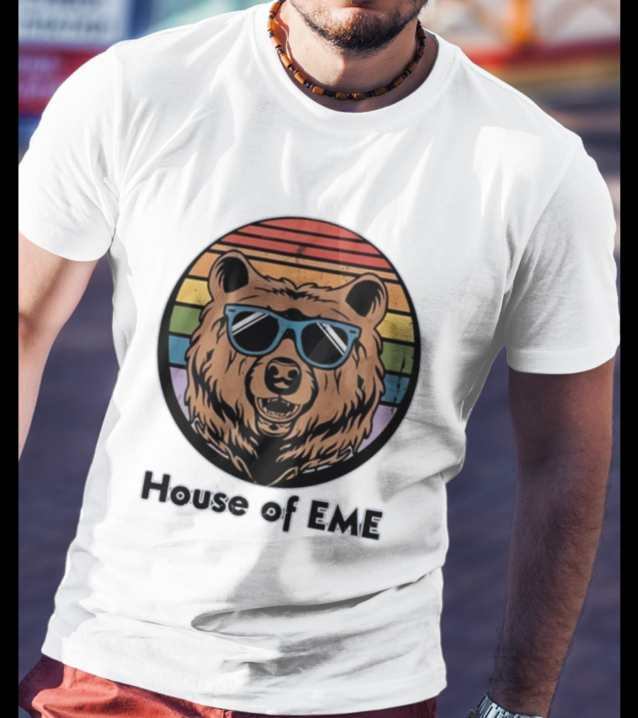 Migs Santillan House Of EME Bear Logo Sunglasses Rainbow Background T-Shirt