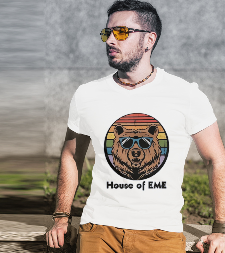 Migs Santillan House Of EME Bear Logo Sunglasses Rainbow Background T-Shirt