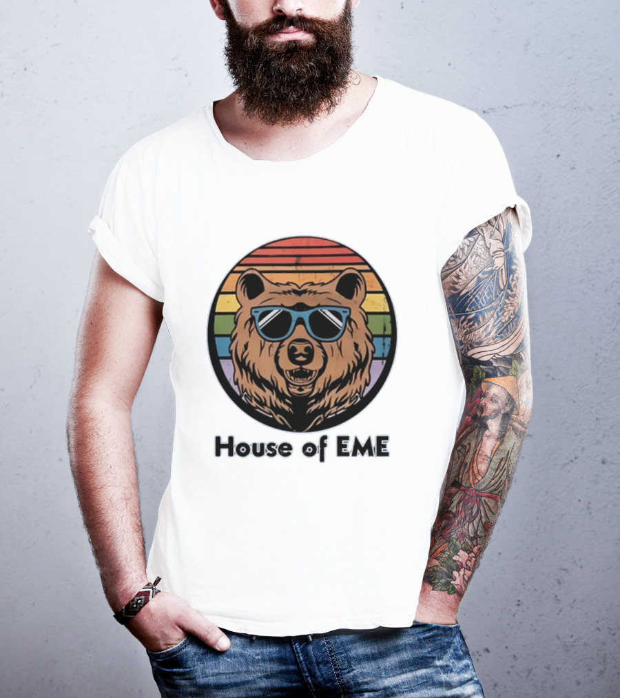 Migs Santillan House Of EME Bear Logo Sunglasses Rainbow Background T-Shirt