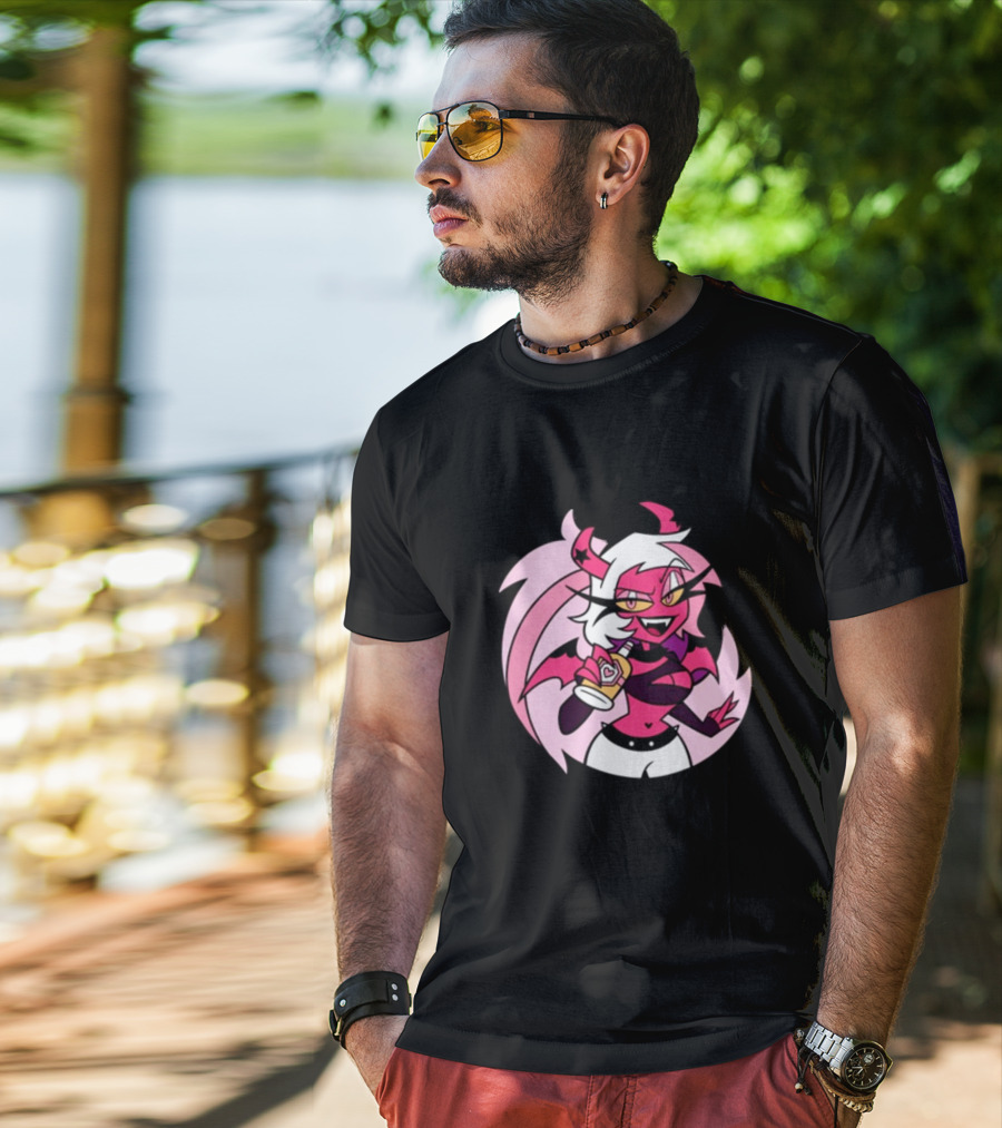 Party Verosika Enamel Pin Cartoon Demon Character With Drink T-Shirt