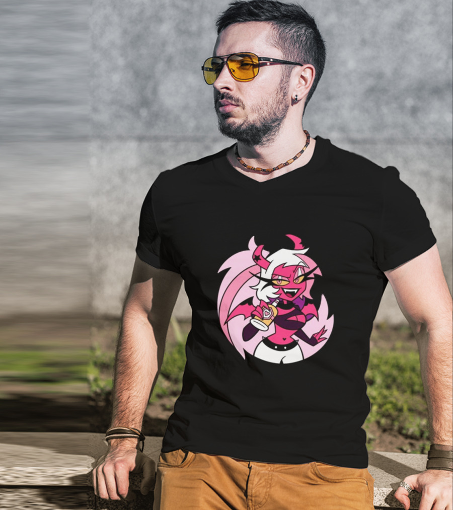 Party Verosika Enamel Pin Cartoon Demon Character With Drink T-Shirt