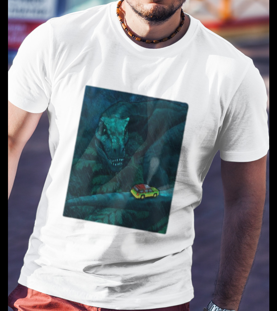 Jurassic Park T-Rex And SUV Night Scene Rainy Adventure T-Shirt