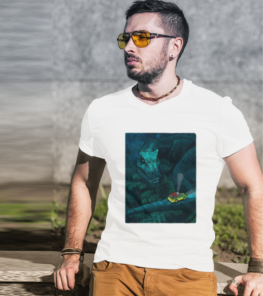 Jurassic Park T-Rex And SUV Night Scene Rainy Adventure T-Shirt