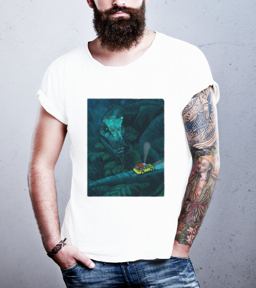 Jurassic Park T-Rex And SUV Night Scene Rainy Adventure T-Shirt