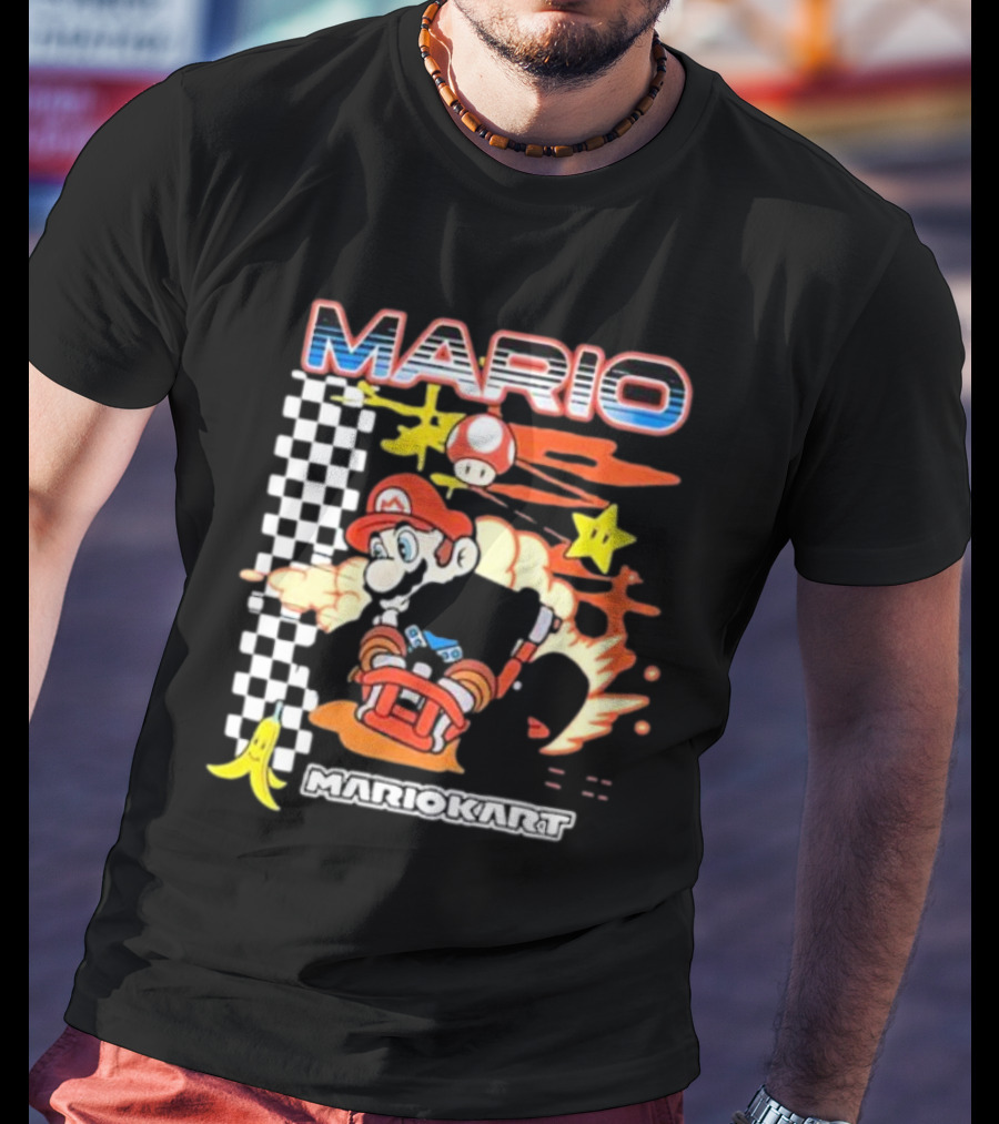 Mario Kart Racing Finish Line Checkered Flag Banana Stars T-Shirt