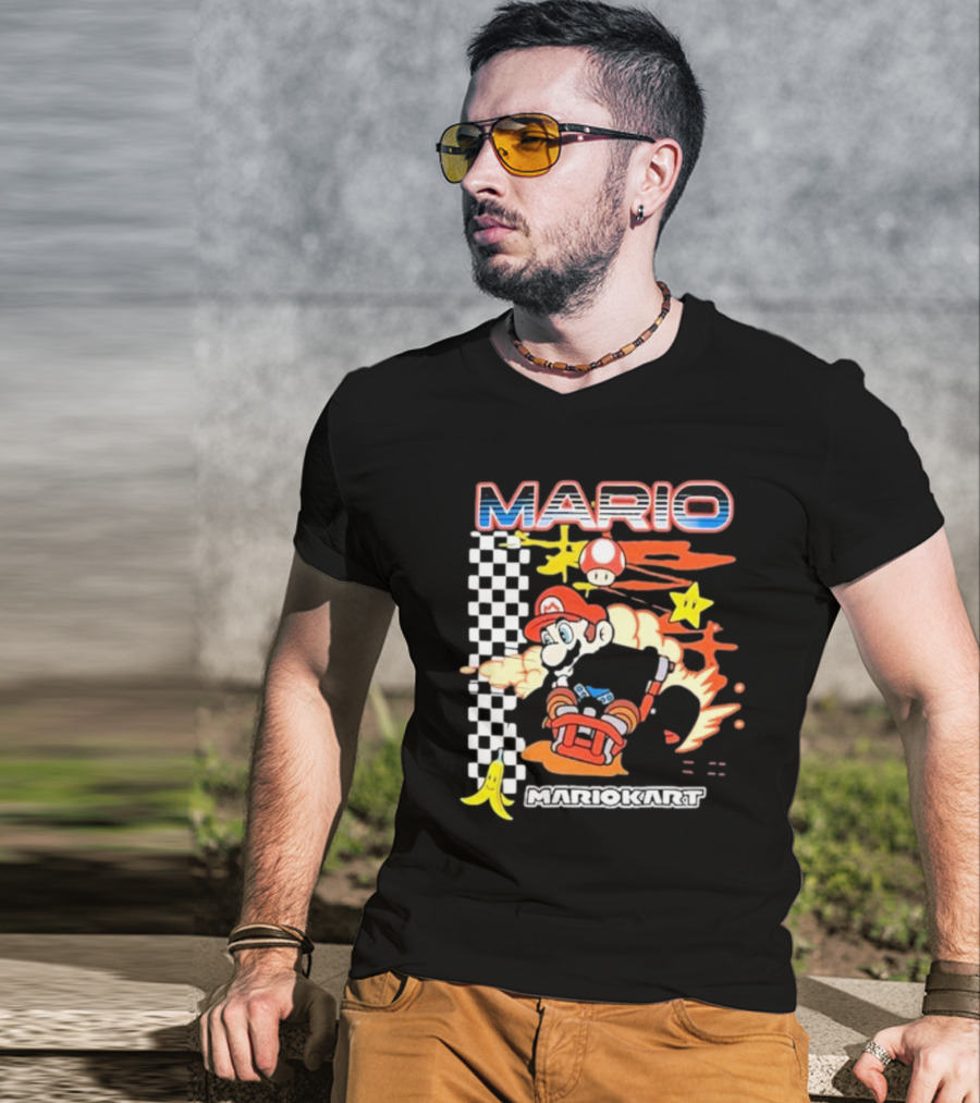 Mario Kart Racing Finish Line Checkered Flag Banana Stars T-Shirt