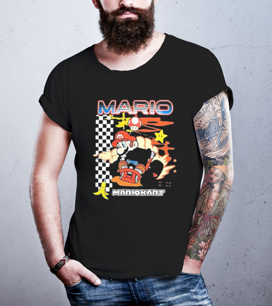 Mario Kart Racing Finish Line Checkered Flag Banana Stars T-Shirt