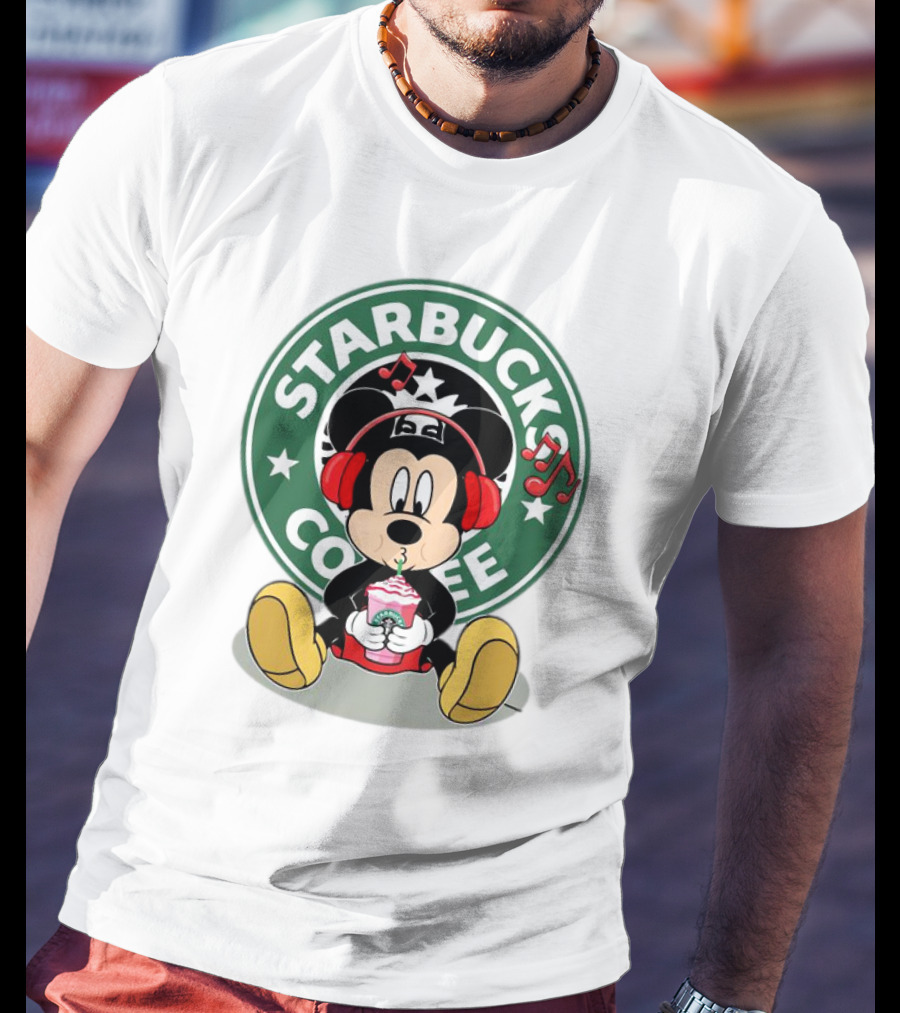 Mickey Mouse Listening To Music With Starbucks Coffee Cup T-Shirt
