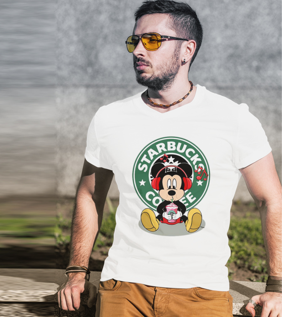 Mickey Mouse Listening To Music With Starbucks Coffee Cup T-Shirt