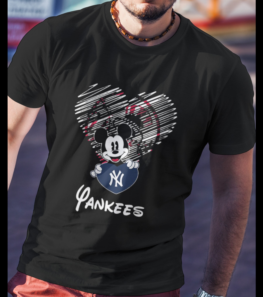 Mickey Mouse Yankees Heart Drawing T-Shirt